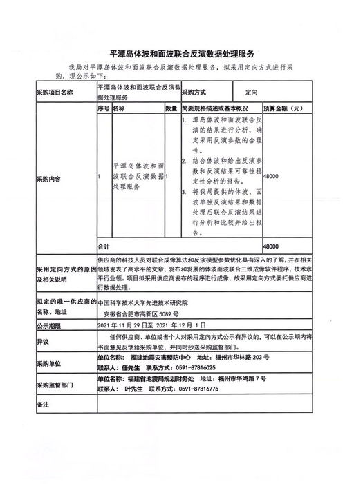 福建地震災(zāi)害預(yù)防中心平潭島體波與面波聯(lián)合反演數(shù)據(jù)處理服務(wù)定向采購(gòu)公告